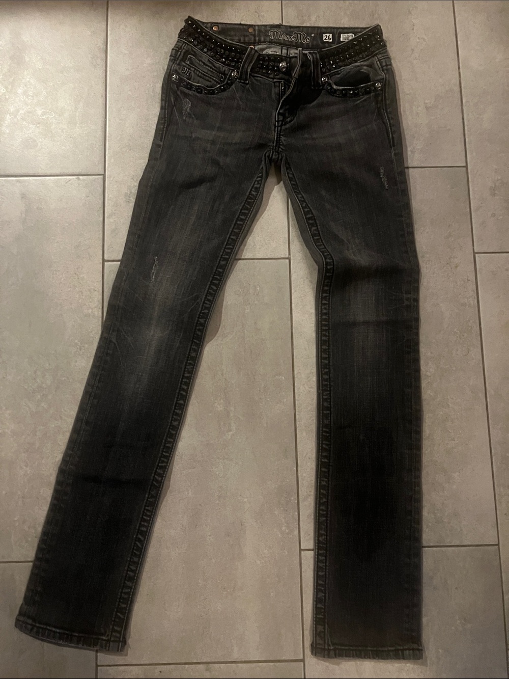 Miss Me Charcoal Black Skinny Jeans with Studded Waist